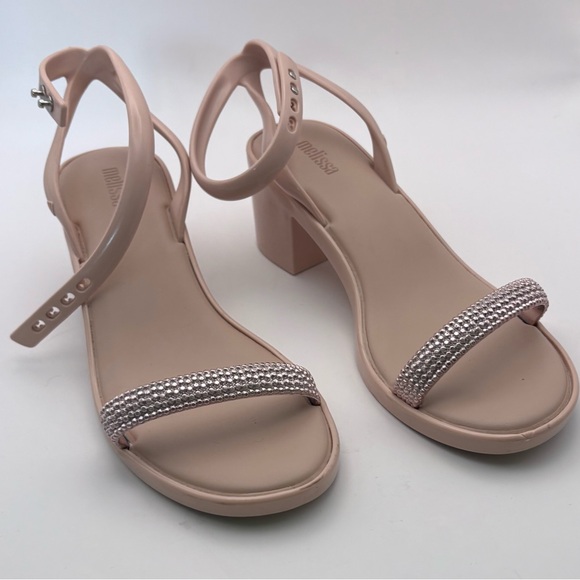 Melissa Shiny Ankle Strap Sandals size US 7 pink beige low block heel rhinestone - Picture 2 of 9